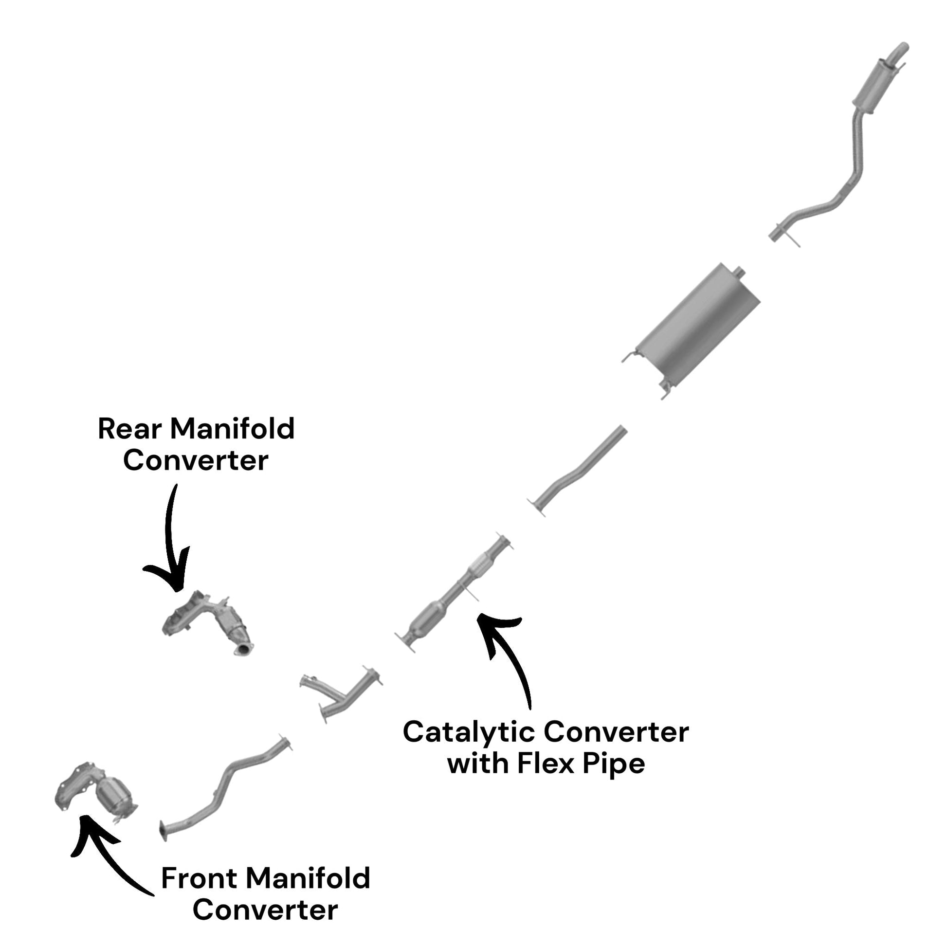 Toyota Highlander 3.5L (Non-Hybrid) (2014-2016) Front & Rear Manifold Converters and Catalytic Converter with Flex Pipe