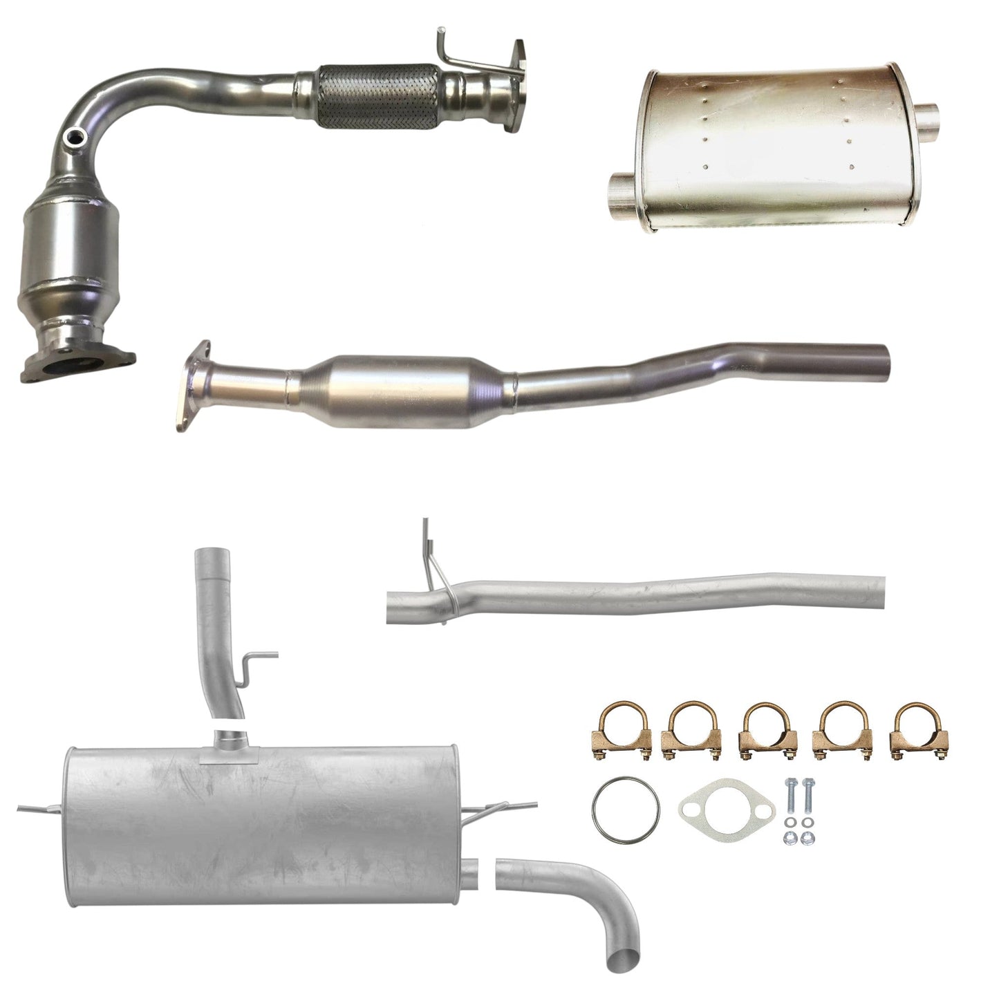 Chevrolet Equinox 2.4L (2010-2017) Catalytic Converter with Flex Pipe, Rear Catalytic Converter, Middle Muffler, Pipe and Rear Muffler