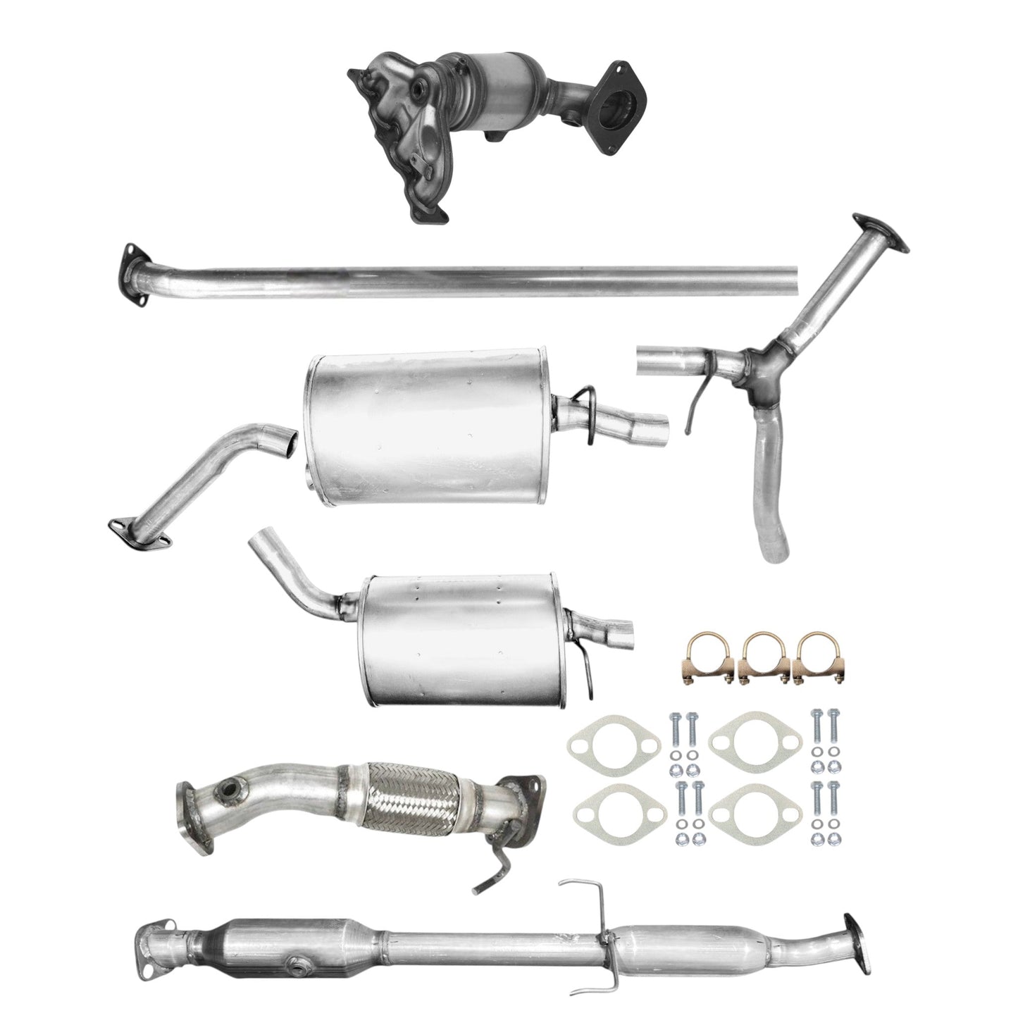 Kia Optima 2.4L (2016-2018) (Non-Hybrid) (Except: Korean Built) Manifold Converter, Flex Pipe with Oxygen Sensor hole, Catalytic Converter with two hangers, Y pipe and Both side Mufflers