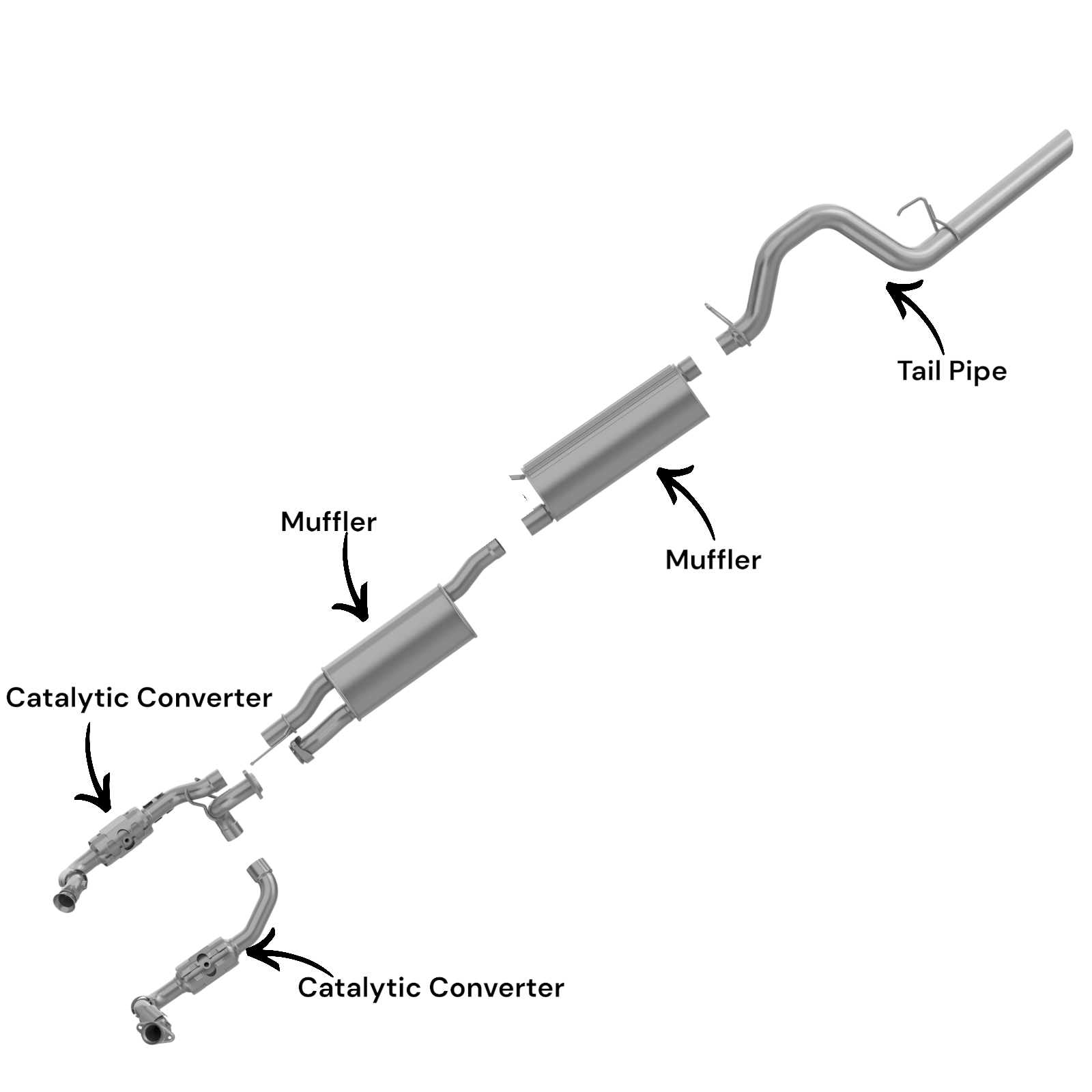 Ford F-250 Super Duty 6.2L (2011-2016) (Standard Cab Pickup) (Long Bend) Right And Left Side Catalytic Converter, Middle And Rear Muffler And Tail Pipe