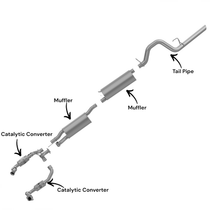 Ford F-350 Super Duty 6.2L (2011-2016) (Standard Cab Pickup) (Long Bend) Right And Left Side Catalytic Converter, Middle And Rear Muffler And Tail Pipe