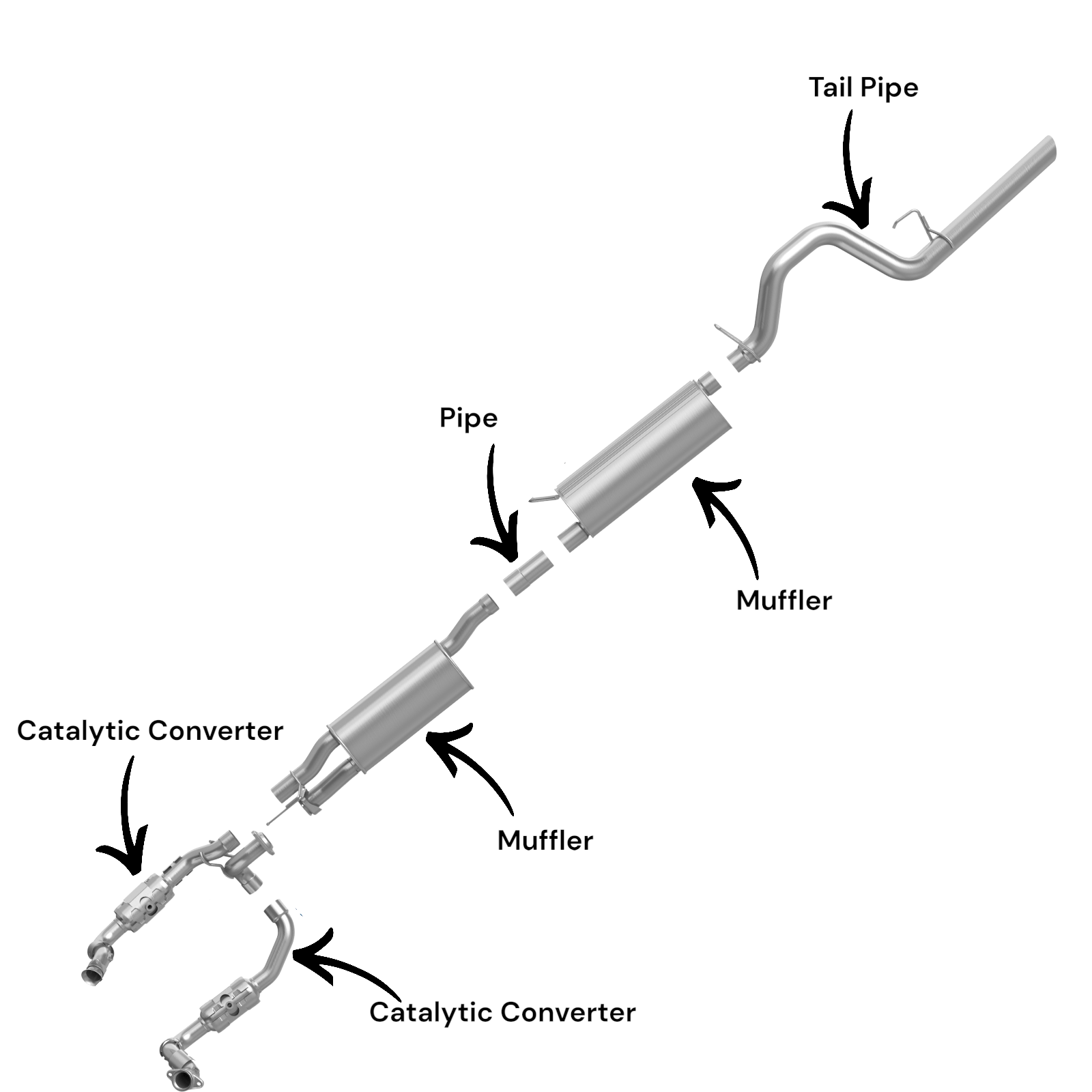 Ford F-250 Super Duty 6.2L (2011-2016) (Extended Cap Pickup) (Short Bend) Catalytic Converter, Muffler Set, Pipe And Tail Pipe